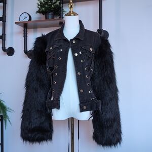 Dramatic Azalea Wang "Midnight" Faux Fur Denim Jacket in Black.
